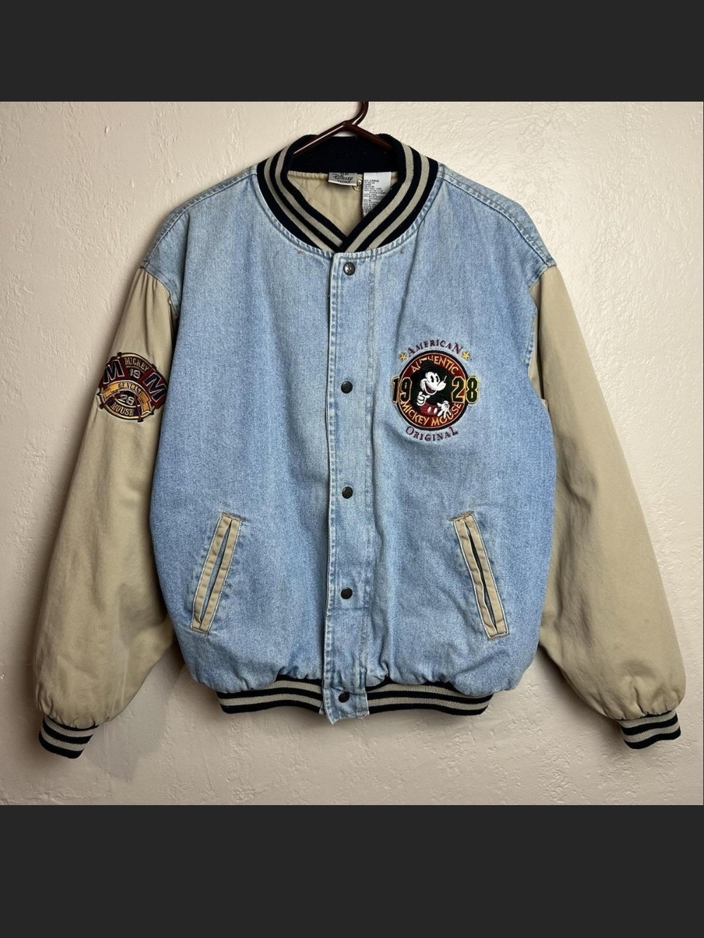 Disney Light Blue Denim Bomber Jacket with Beige Sleeves